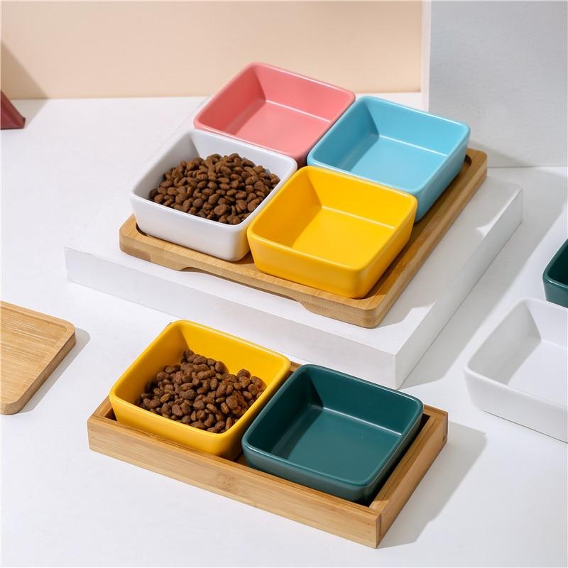 2/3PC Household Supplies Ceramic Cat Bowl Dish with Bamboo Stand No Spill Cat Food Water Feeder Small Cat Dishes - AlabongCat