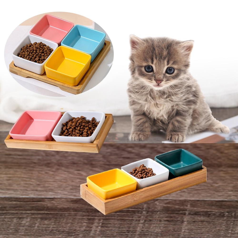 2/3PC Household Supplies Ceramic Cat Bowl Dish with Bamboo Stand No Spill Cat Food Water Feeder Small Cat Dishes - AlabongCat