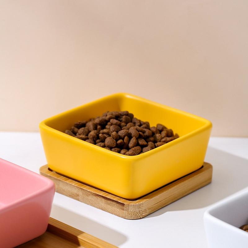 2/3PC Household Supplies Ceramic Cat Bowl Dish with Bamboo Stand No Spill Cat Food Water Feeder Small Cat Dishes - AlabongCat