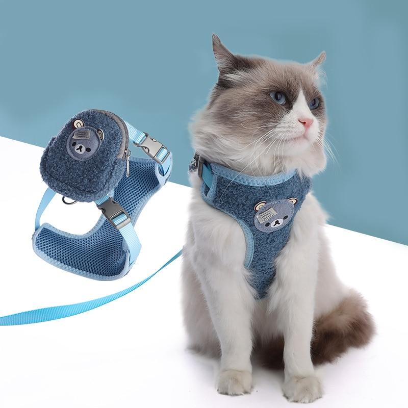 Cat Adjustable Backpack Harness Cute Cartoon Bear Plush Collar for cats Kitten Collar with Backpack Harness For Small Medium Cat - AlabongCat