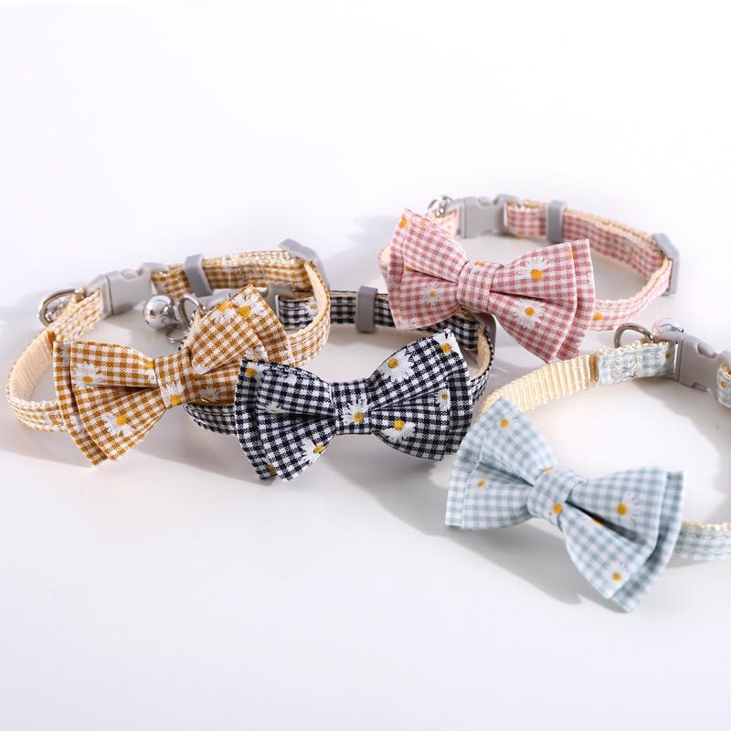 Cat Bowknot Collars Daisy Sunflower Print Fabric Cotton Cat Bow Tie Lovely Neck Strap Blue Pink Bowknot Cute for Small Middle Cat - AlabongCat