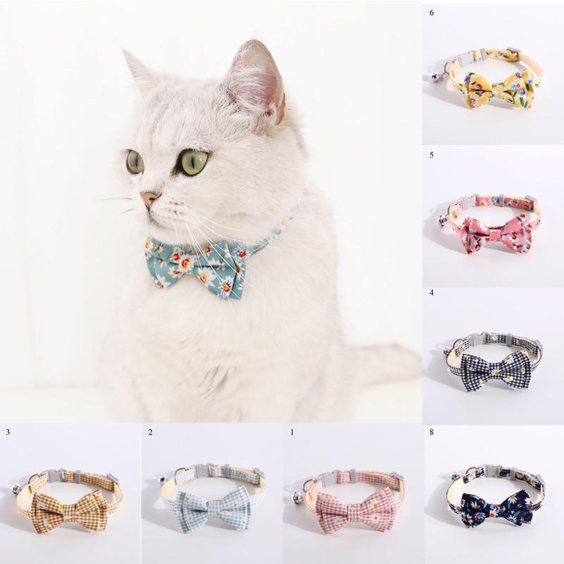 Cat Bowknot Collars Daisy Sunflower Print Fabric Cotton Cat Bow Tie Lovely Neck Strap Blue Pink Bowknot Cute for Small Middle Cat - AlabongCat
