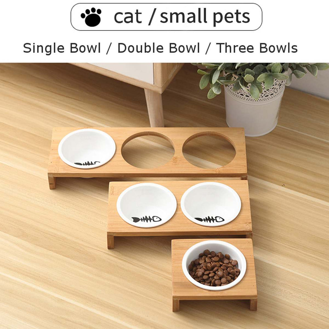 Cat Feeders Bowl Cat Food Water Bowl 1/2/3 Bowls Ceramic Tableware Bamboo Frame Antiskid Cat Supplies Cat Feeding Bowl - AlabongCat