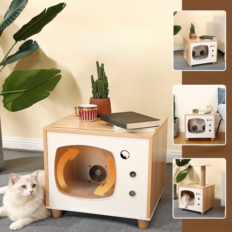 Cat Hair Dryer White Wood Warm Fast Blow Dryer Fully Automatic Cat Hair Drying Box Cats Accessories - AlabongCat