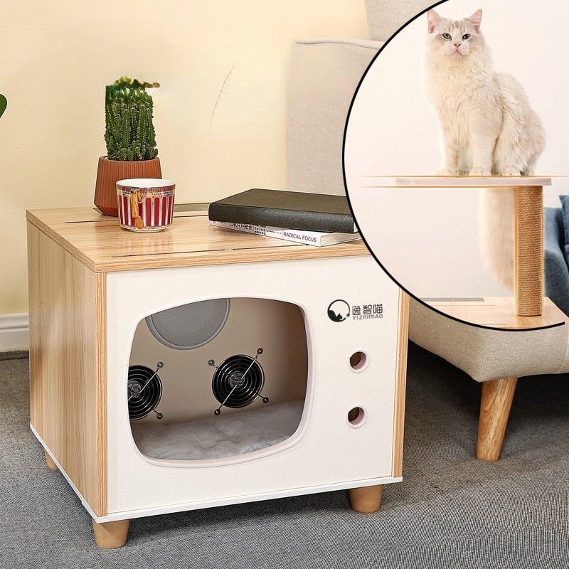 Cat Hair Dryer White Wood Warm Fast Blow Dryer Fully Automatic Cat Hair Drying Box Cats Accessories - AlabongCat