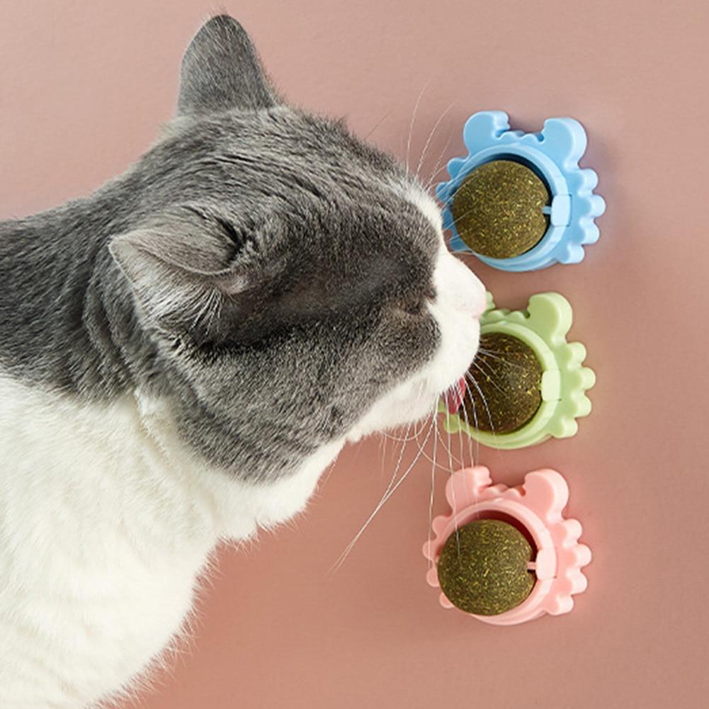 Cat Toys Cat Treat Toys Snack Self-Adhesive 360° Rotated Catnip Ball Cats Wall Mount Molar Teething Toy For Cats Ball - AlabongCat