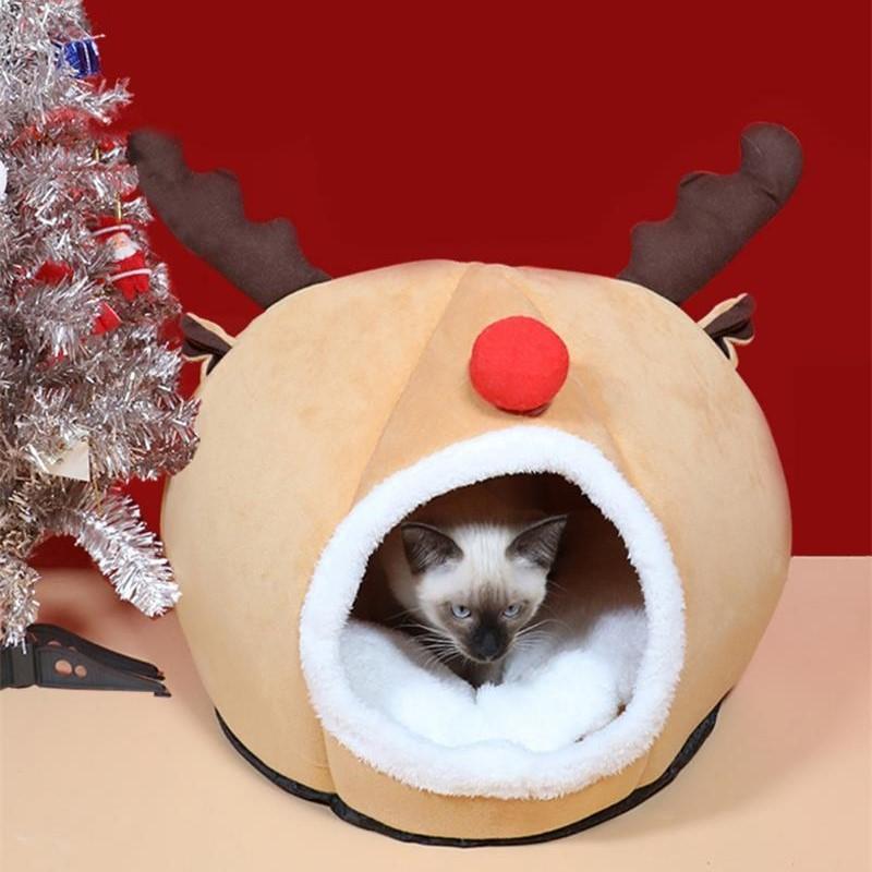 Christmas Cat Bed Warm Plush Elk-shaped Cat House Kitten Bed Mats Tree Hole-shaped Cat Sleeping Nest - AlabongCat