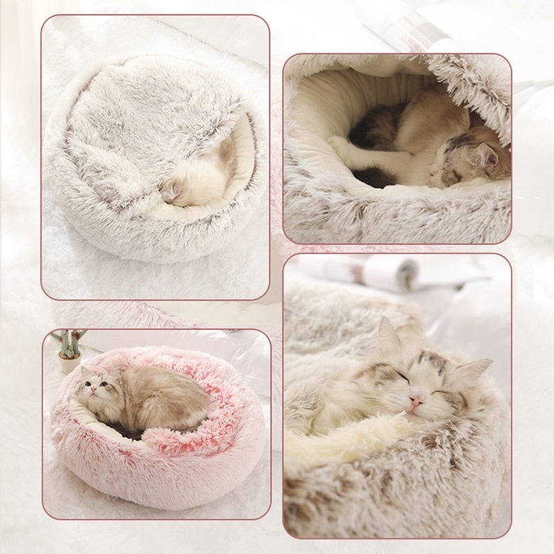 Long Plush Cat Nest Cat Bed Round Cat Cushion Cat House Warm Basket Sleep Bag Kennel For Small Cat - AlabongCat