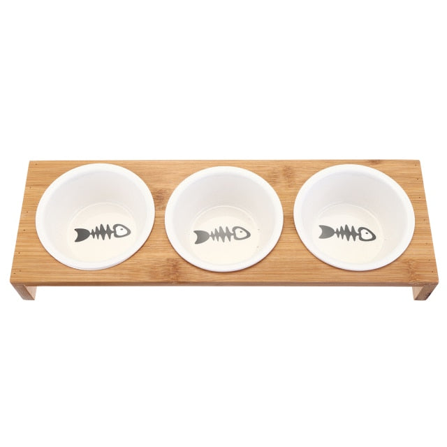 Cat Feeders Bowl Cat Food Water Bowl 1/2/3 Bowls Ceramic Tableware Bamboo Frame Antiskid Cat Supplies Cat Feeding Bowl